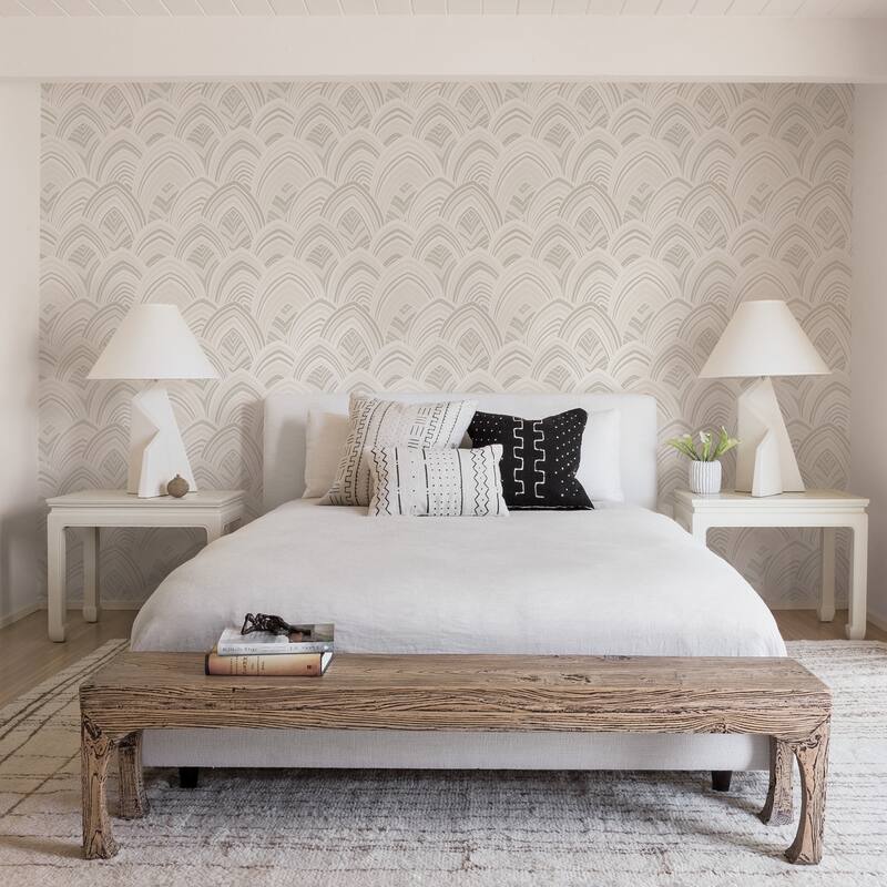 A-Street Prints Cabarita White Art Deco Flocked Leaves Wallpaper