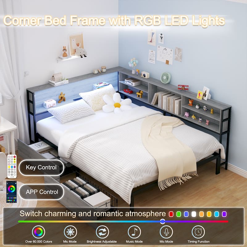 Kids Corner Bed with Storage, Twin/Full Daybed with Drawers, Bookcase Headboard with Charging Station & LED Lights