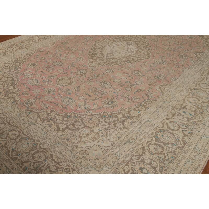 Traditional Pink Mashad Persian Vintage Area Rug Handmade Wool Carpet - 9'7" x 12'8"