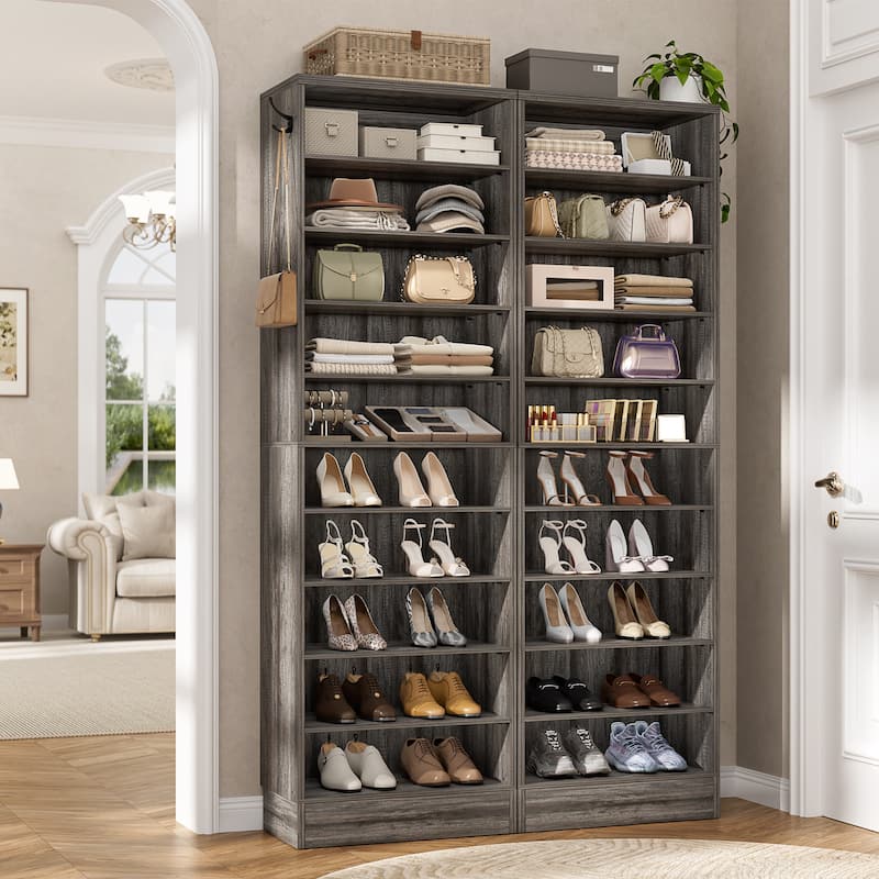 Freestanding 10-Tier Shoe Storage Cabinet,Narrow Wood Shoe Rack Shoe Organizer,Sturdy Closet Organizer Open Display Cabinet - Set of 2(35.4'' W) - Black Oak