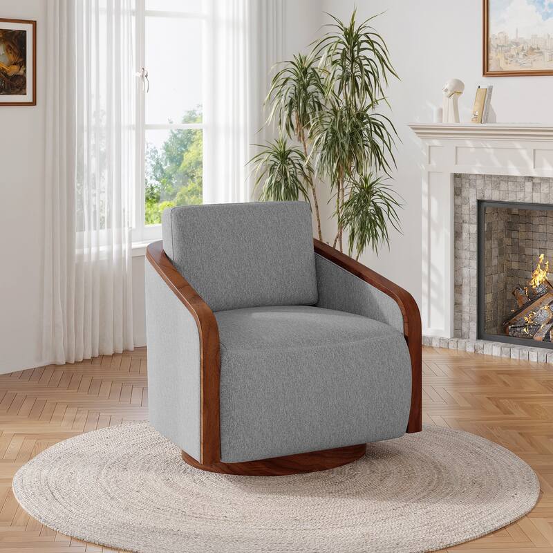 Upholstered Swivel Barrel Chair with Curved Wood Arms
