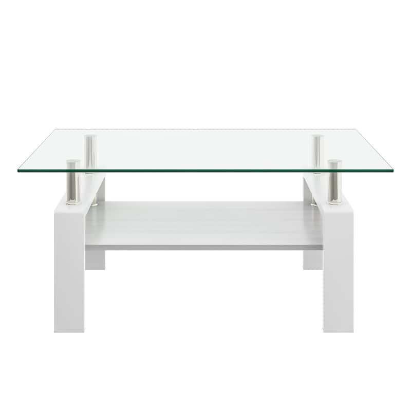 Rectangle Coffee Table, Tempered Glass Tabletop with MDF Layer, Modern Table for Living Room