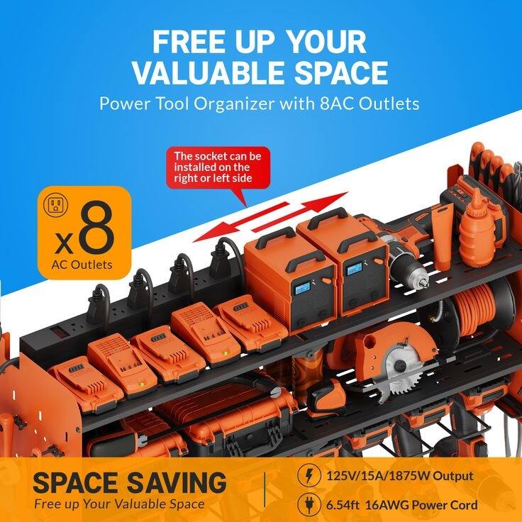Power Tool Organizer with Charging Station Garage 8 Drill Holders Wall Mount with 8 Outlets Power Strip