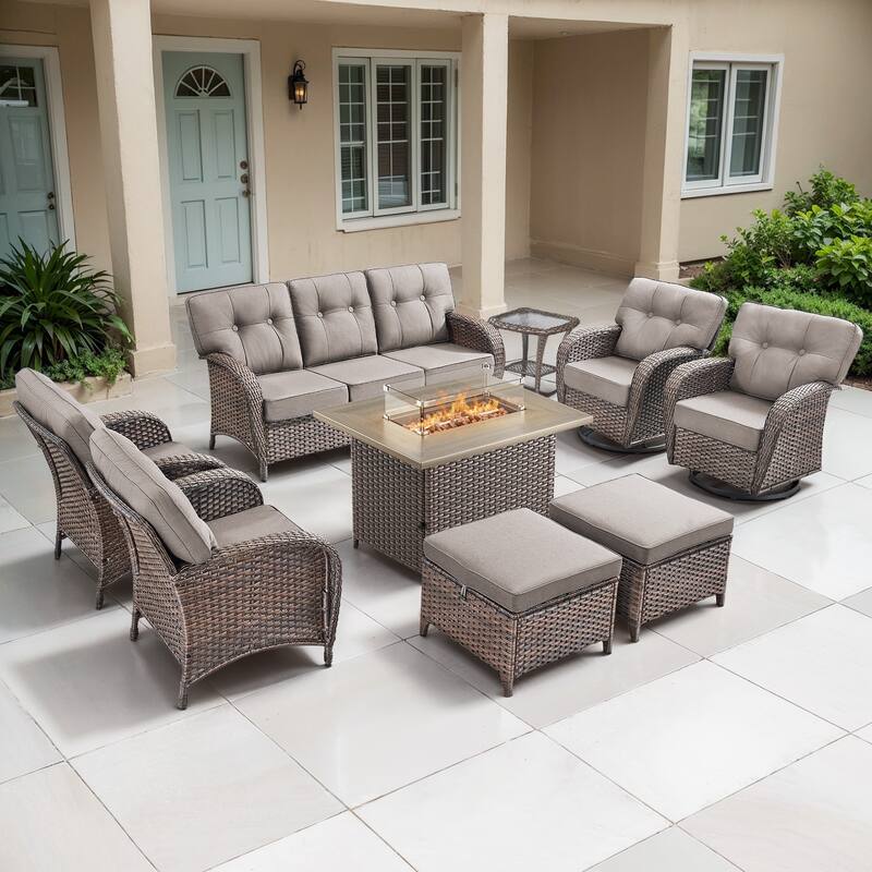 TWrap Wicker Patio Fire Pit Conversation Set with 3-Seat Sofa & Swivel Gliders & Armchairs