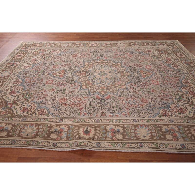 Distressed Grey Tabriz Persian Vintage Rug Hand-Knotted Wool Carpet - 7'10"x 11'0"