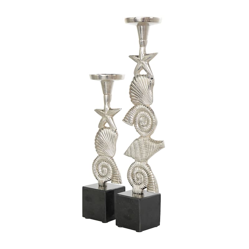 Gold or Silver Aluminum Metal Shell Candle Holder with Black Marble Bases (Set of 2)