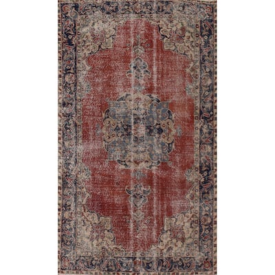 Distressed Oushak Turkish Vintage Area Rug Hand-Knotted Wool Carpet - 4'10" x 8'7"