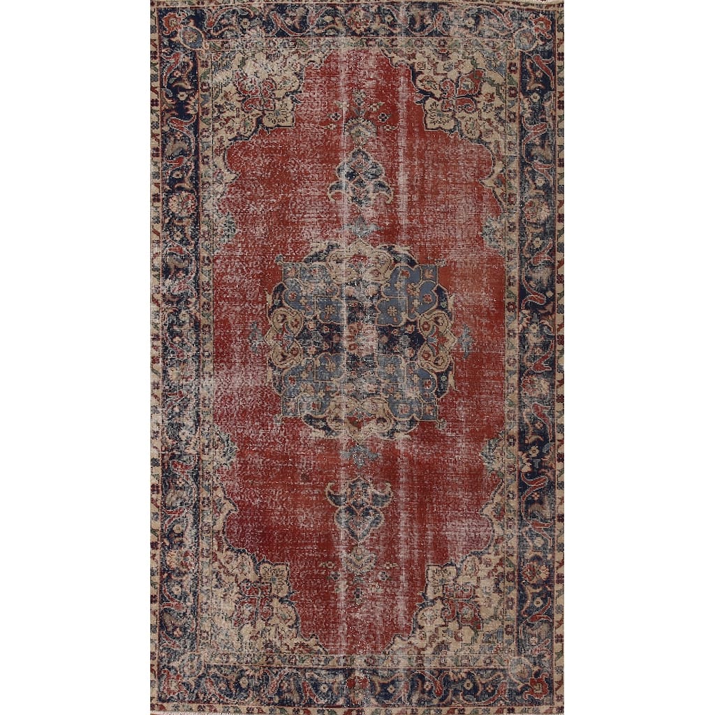 Distressed Oushak Turkish Vintage Area Rug Hand-Knotted Wool Carpet - 4'10" x 8'7"