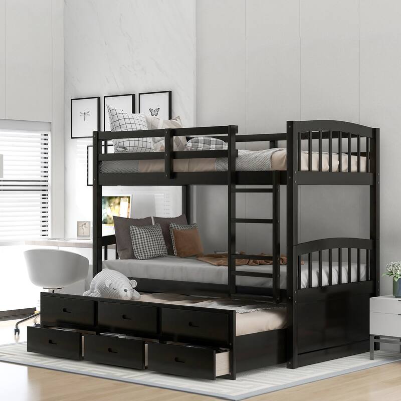 Twin Over Twin Bunk Bed w/Trundle, Wooden Detachable Bunkbeds Frame - Espresso - Twin
