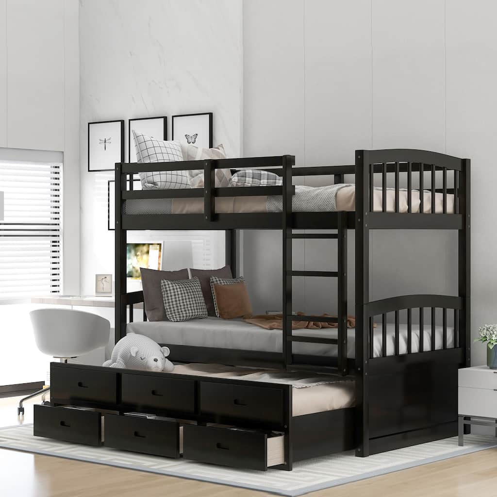 Twin Over Twin Wood Bunk Bed with Trundle and Drawers, Espresso Finish