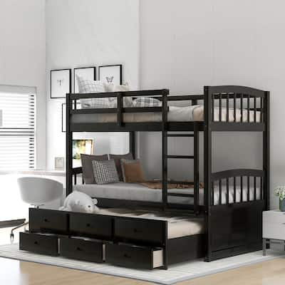 Twin Over Twin Wood Bunk Bed with Trundle and Drawers