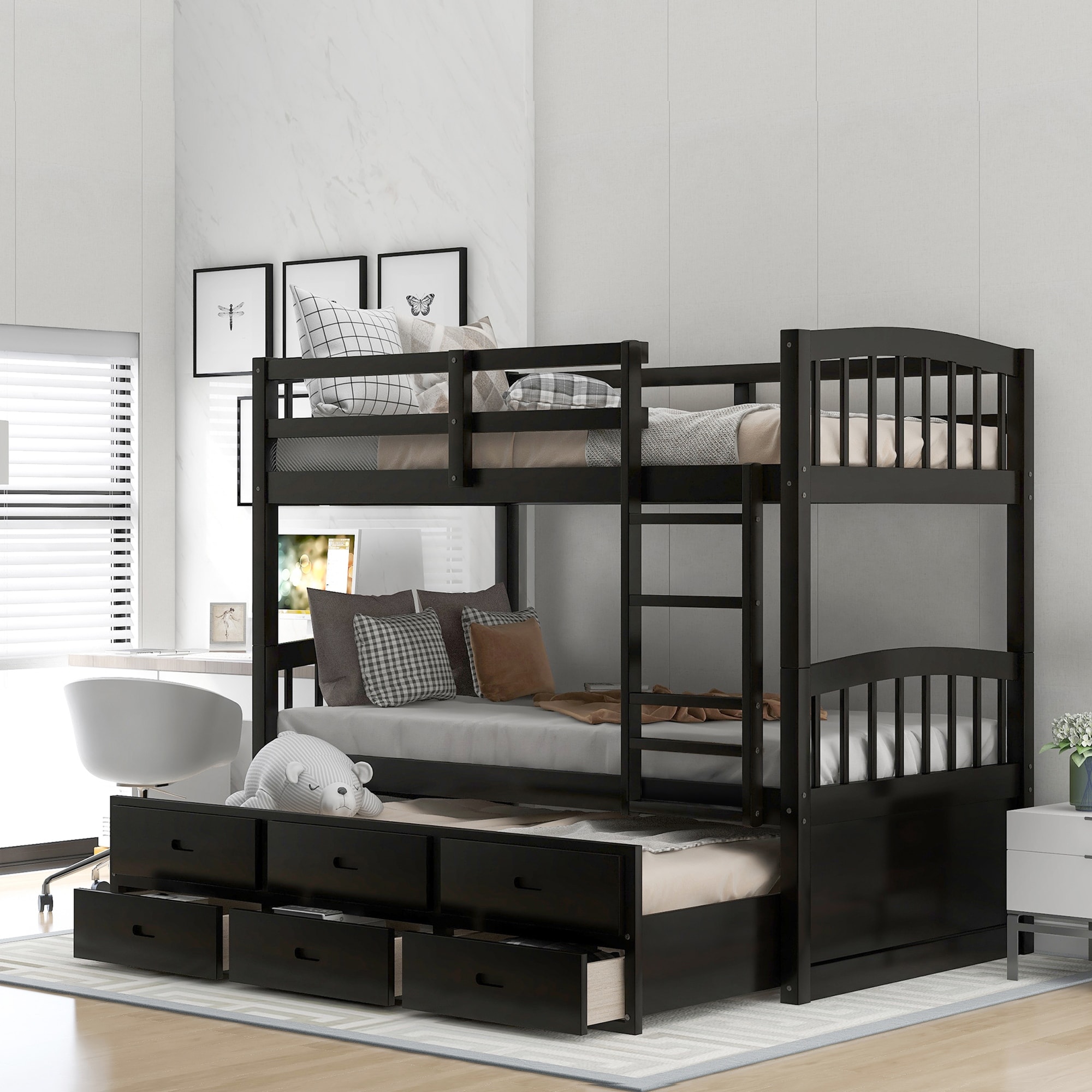 Twin over Twin Wood Bunk Bed with Trundle and Storage Drawers