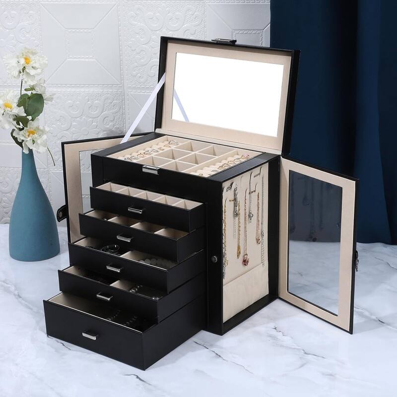 6 Layer Large Jewelry Organizer With Mirror - 6.6"D x 10.6"W x 11"H