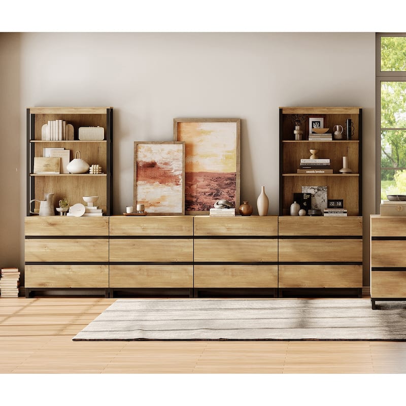 WAMPAT Modern TV Stand with 3 Tiers Bookshelf, Farmhouse Entertainment Center with 12 Drawers and Adjustable Shelf