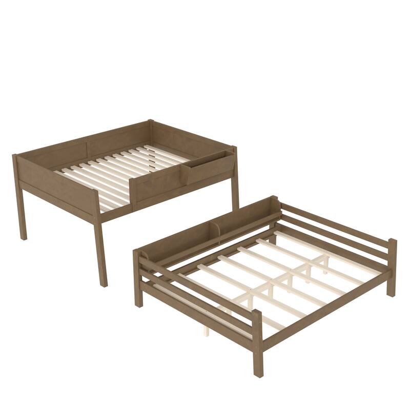 Queen Bunk Bed With Storage Shelf and Bookshelf,Wood Bunk Bed with Ladder and Guardrails,Detachable Design