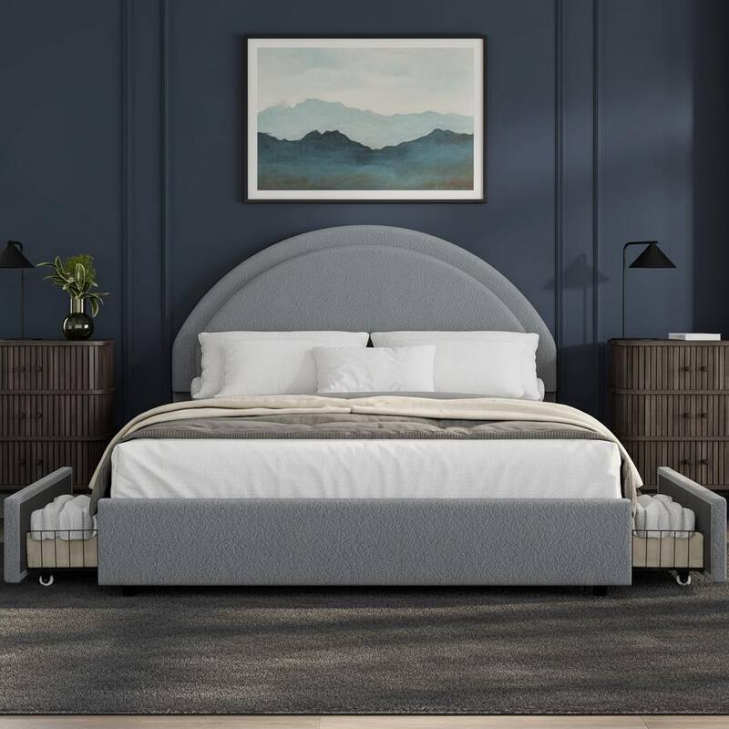 Boucle Upholstered Platform Bed Frame, with 2 Storage Drawers - Light Grey - Queen