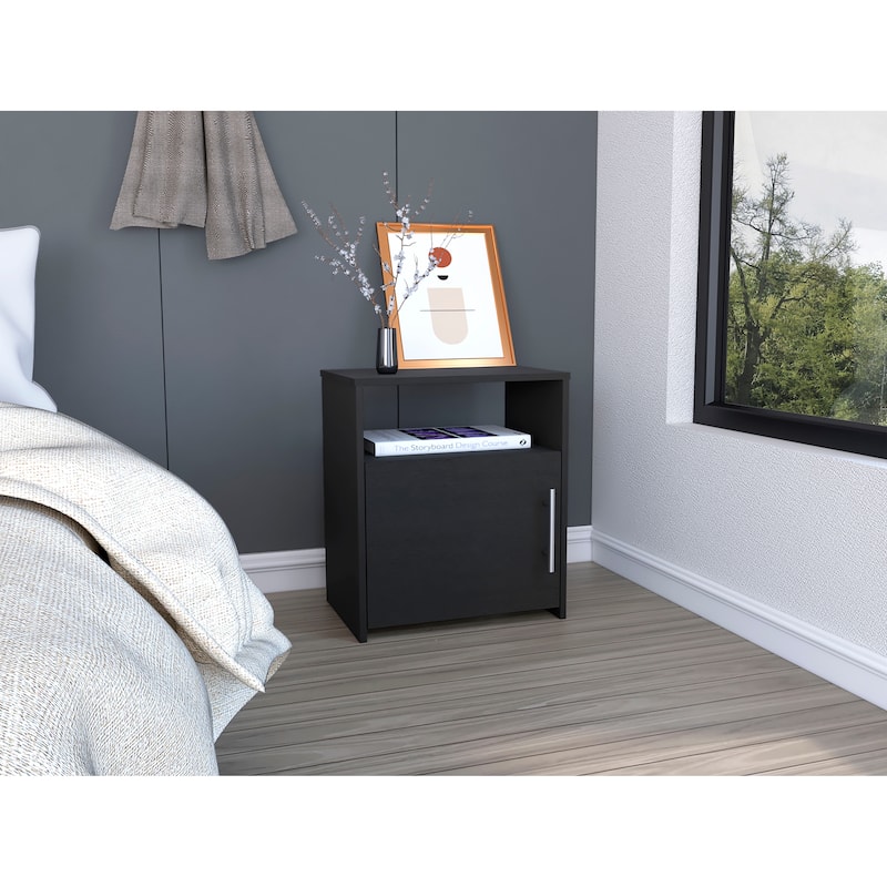 Nordico Nightstand, One Shelf, Single Door Cabinet, Metal Handle -Black - Black