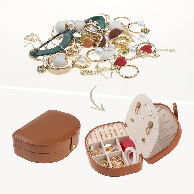 Travel Size Jewelry Box, Small Portable Seashell-Shaped Jewelry Case, PU Leather Mini Jewelry Organizer - 17x12x5cm - Brown