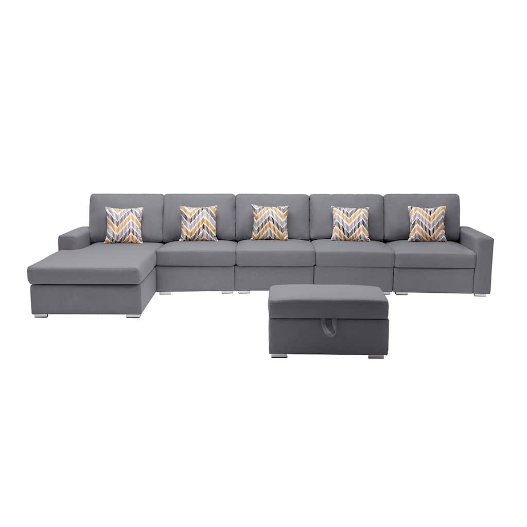 Linen Fabric 6 Piece Reversible Sectional Sofa Chaise with Interchangeable Legs, Pillows and Storage Ottoman in Grey