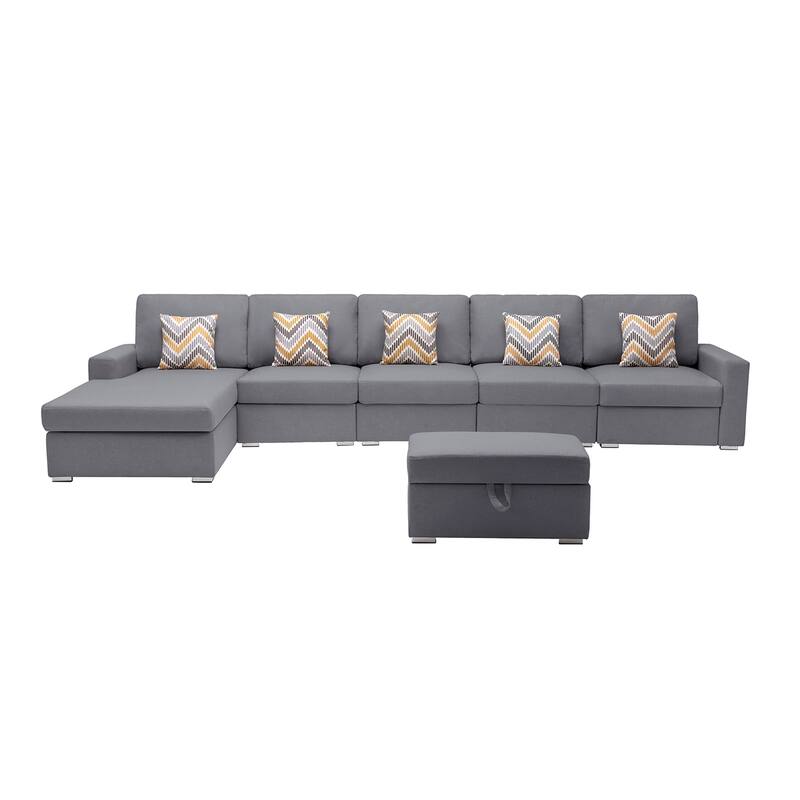Linen Fabric 6 Piece Reversible Sectional Sofa Chaise with Interchangeable Legs, Pillows and Storage Ottoman in Grey - 6 Piece - Gray