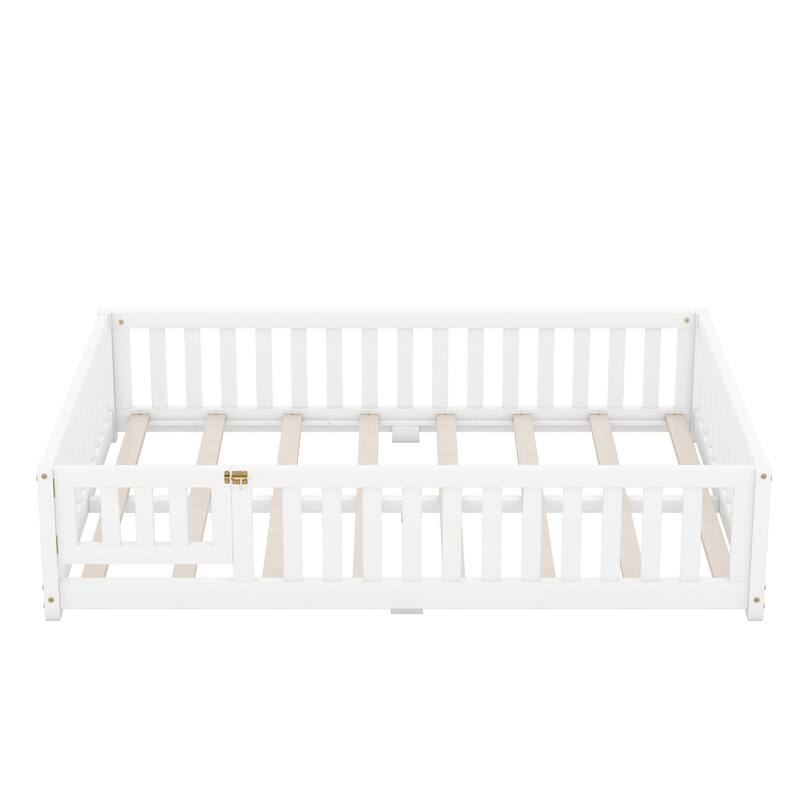 Full Size Kids Floor Bed with Guardrails and Door