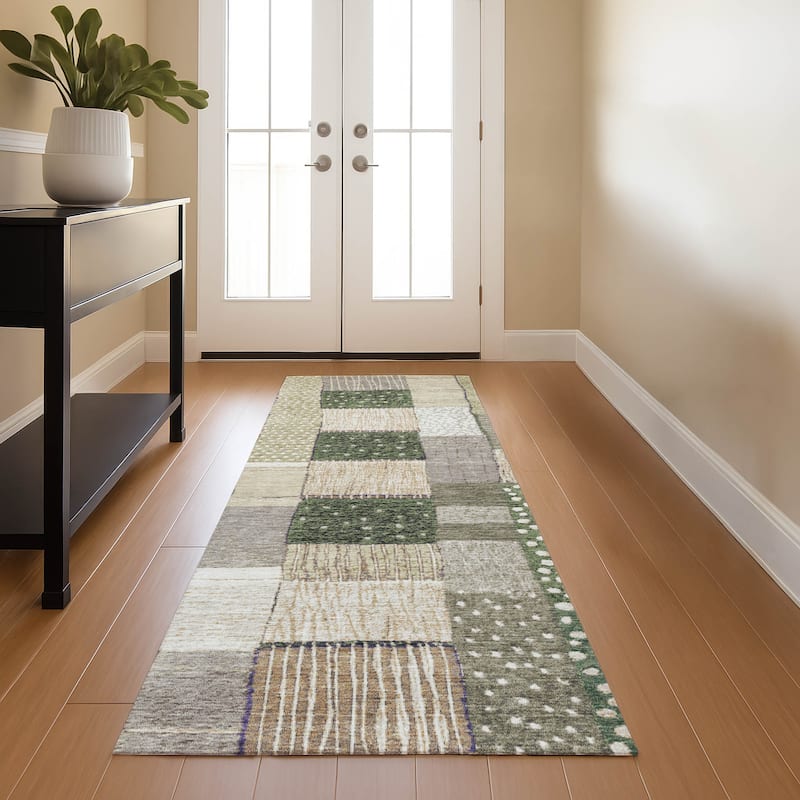 Premium Washable Super Soft Modern Patchwork Mayfield Rug - Olive - 2'3" x 7'6"