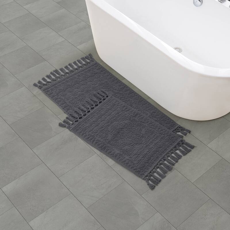 French Connection Nellore Fringe Cotton Bath Rug - 17x28/20x38 - Charcoal