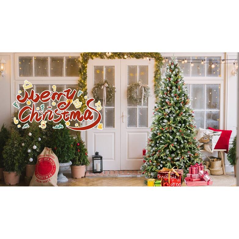9FT Christmas Tree with 750 Warm White LED Lights-3750 Snow-Tipped PE+PVC Branches,Red Berries & Pine Cones,Hinged Design