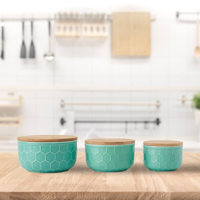 Set of 3 Round Mint Green Stoneware Bowls with Bamboo Lids
