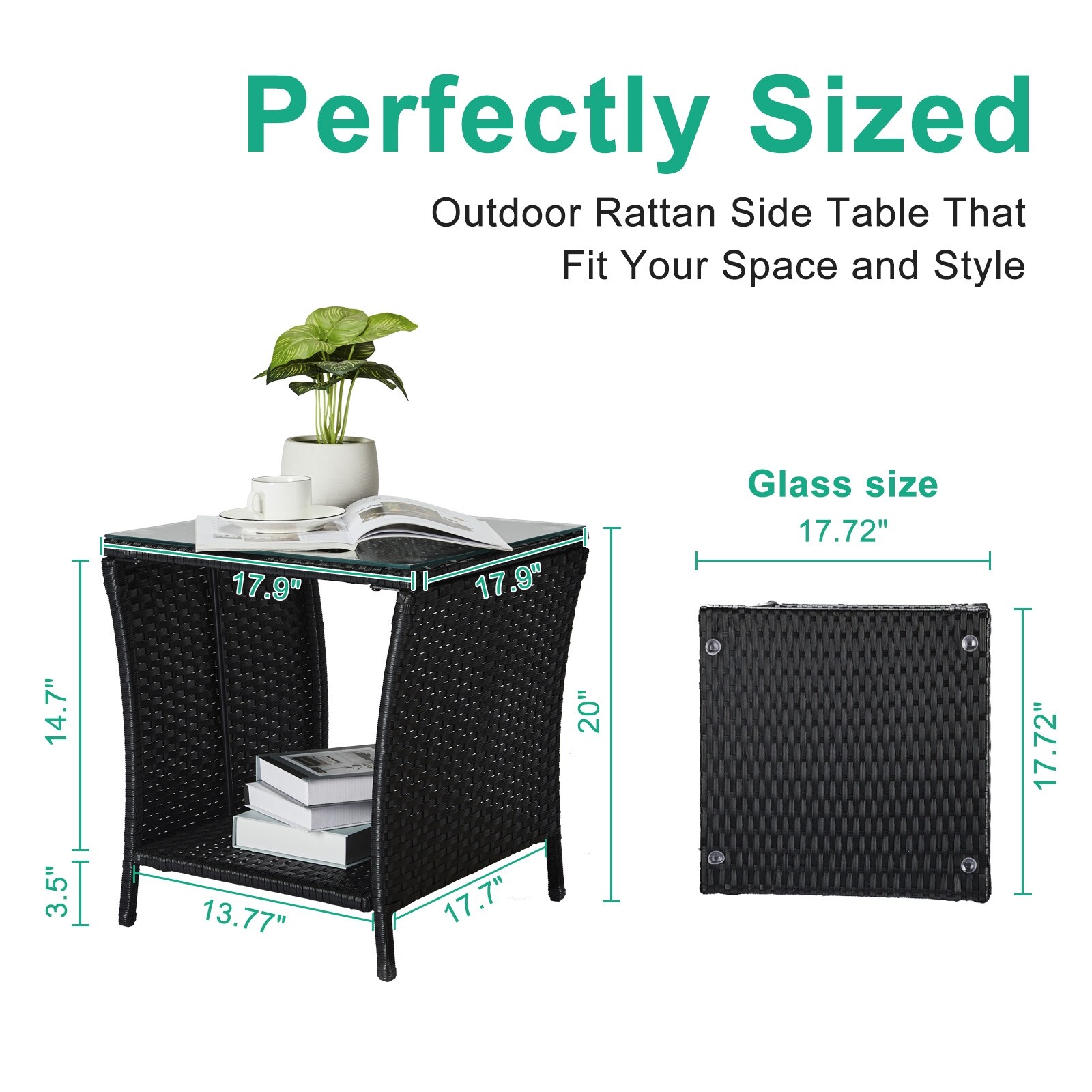 Square Outdoor Patio Wicker End Table, Glass Top with Storage Shelf for Garden & Backyard - (18.1 x 18.1 x 19.5)"(L x W x H)