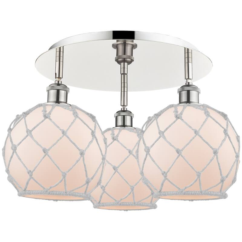 Innovations Lighting 516-3C-12-20 Farmhouse Rope Semi-Flush Farmhouse - Polished Nickel / White Glass with White Rope