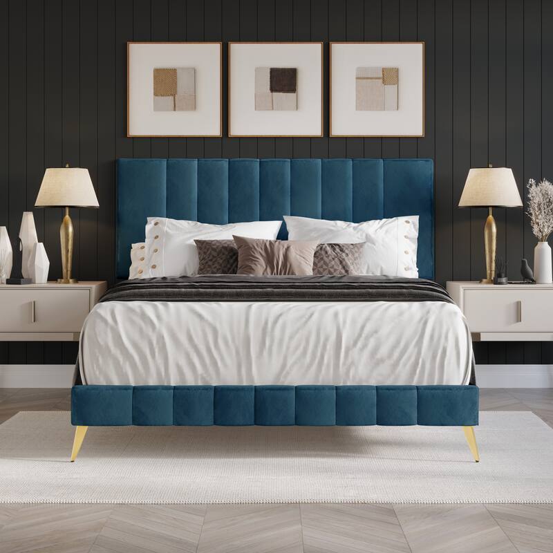 CraftPorch Modern Velvet Tufted Upholstered Gold Accent Platform Bed