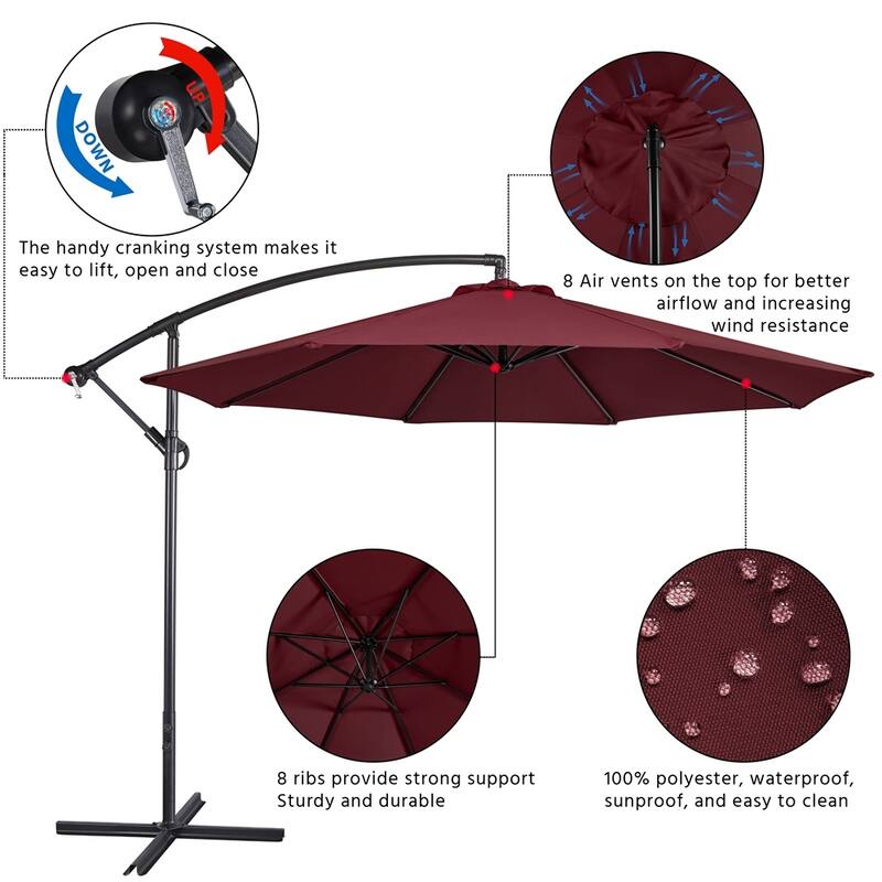 Yaheetech 10 Ft Patio Offset Umbrella Outdoor Hanging Cantilever Umbrella with Crank & Cross Base