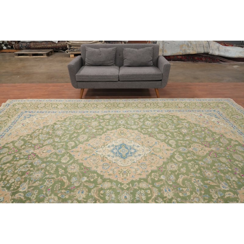 Hand Knotted Oriental 100% Wool Carpet Traditional Floral Green Kashan Area Rug - 12' 7'' X 9' 6''