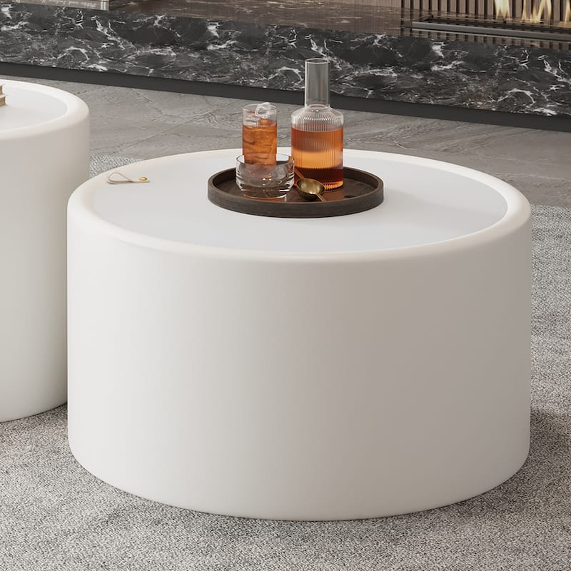 White Round Coffee Table with Tempered Glass Top and Hidden Storage