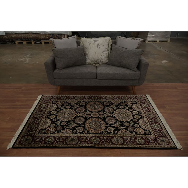 Hand Knotted Oriental 100% Wool Carpet Traditional Floral Black Agra Area Rug - 6' 1'' X 3' 10''