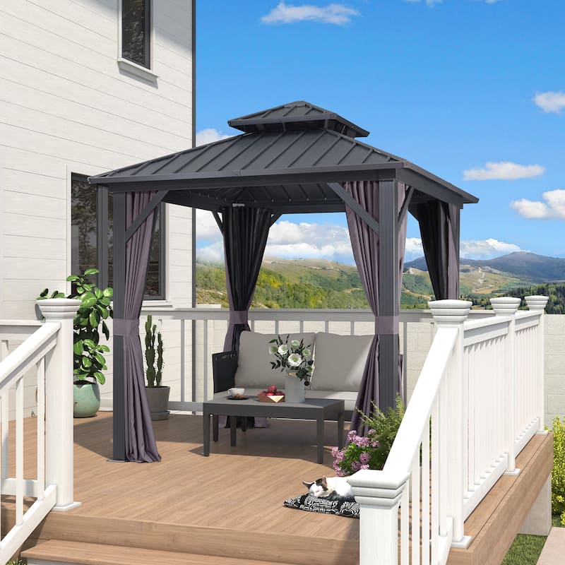 PURPLE LEAF Gazebo Outdoor Gazebo with Dual-Layer Galvanized Steel Double Roof Aluminum Gazebo with Netting and Curtains Grey - 08' x 08'(Hot Sale) - Grey