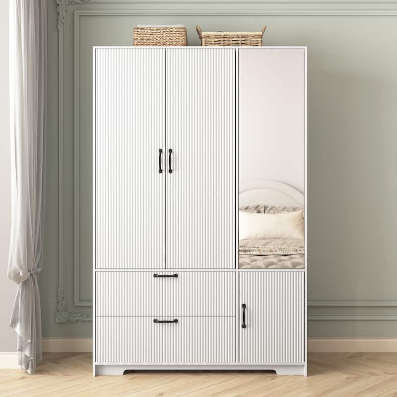 4 Doors Wardrobe Closet White Storage Cabinet with Mirror, Minimalist Armoire Closet with Hanging Rod - White