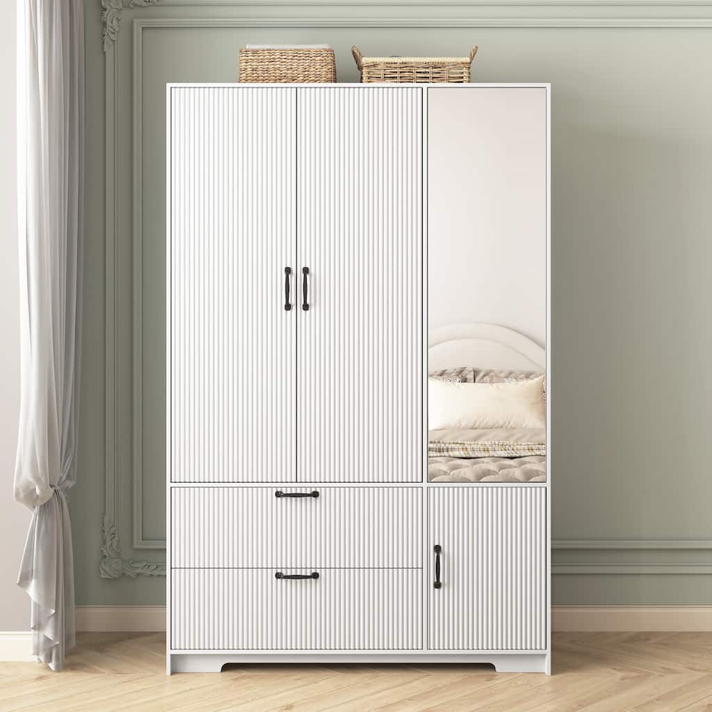 4 Doors Wardrobe Closet White Storage Cabinet with Mirror, Minimalist Armoire Closet with Hanging Rod