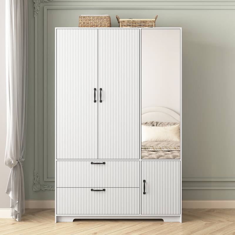 Wardrobe Closet with Automatic Motion Sensor Light, Half-length Mirror Door Armoire Storage Cabinet