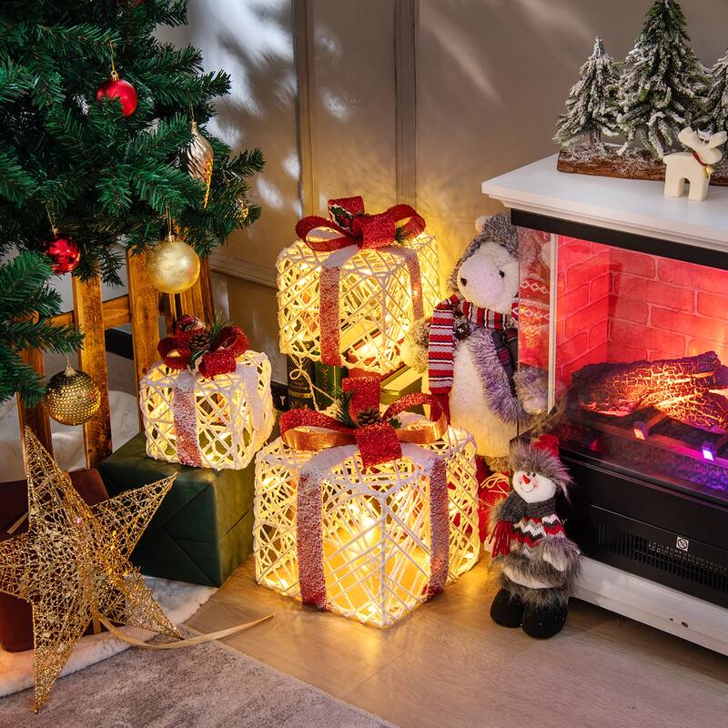 Costway Set of 3 Christmas Lighted Gift Boxes, Indoor Present Box - 9.5''x 9.5''x 10.5''(L x W x H)
