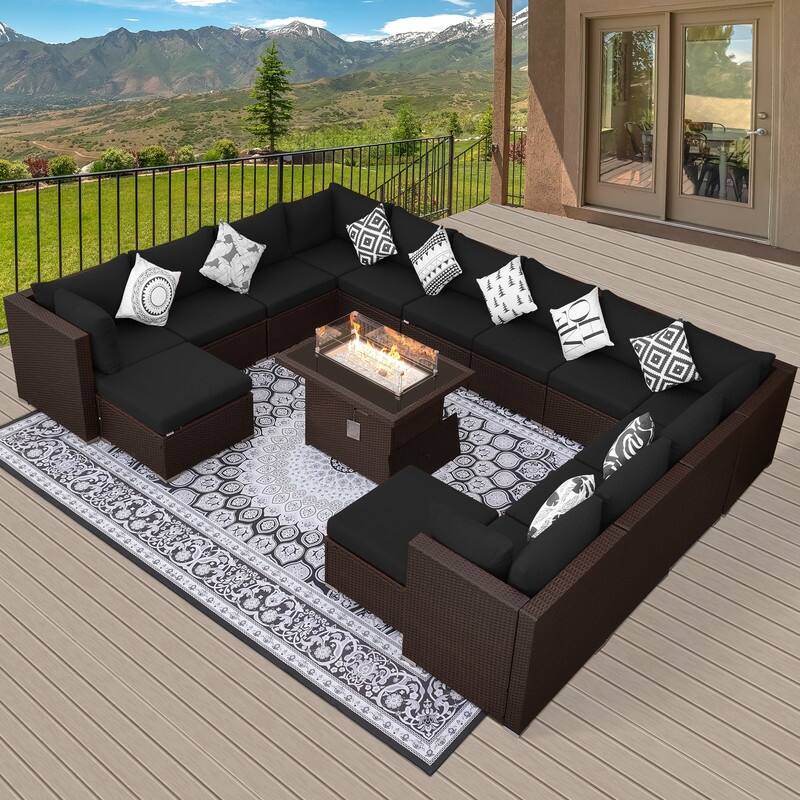 15-Piece Outdoor Wicker Modular Sectional with 43" CSA Fire Pit Table - Black