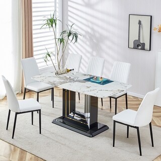 7-Piece Modern Rectangular Dining Set with Faux Marble Dining Table and ...