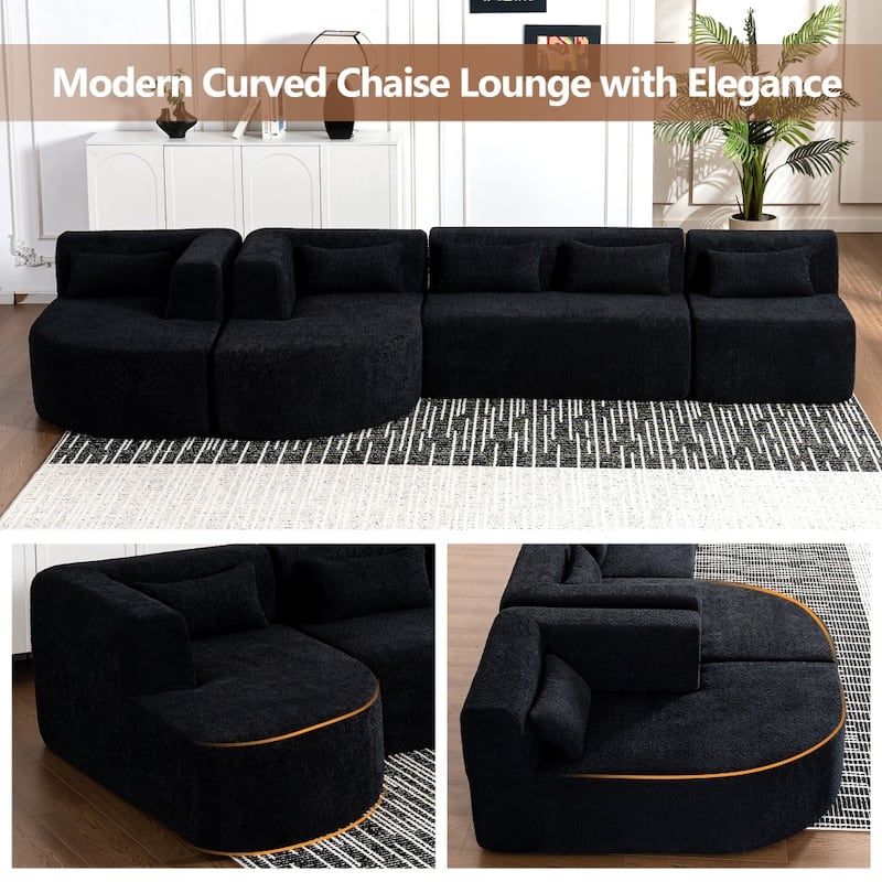 144" Upholstered Sofa Free-combined Sofa with Two Chaise Lounge and Five Back Pillows