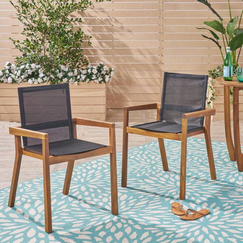 Belfast Outdoor Acacia and Mesh Dining Chairs (Set of 2) by Christopher Knight Home - teak finish