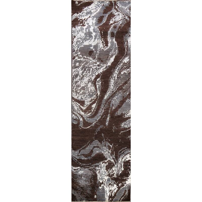 Wool/ Silk Modern Vegetable Dye Abstract Oriental Runner Rug Handmade - 3'0" x 12'3"