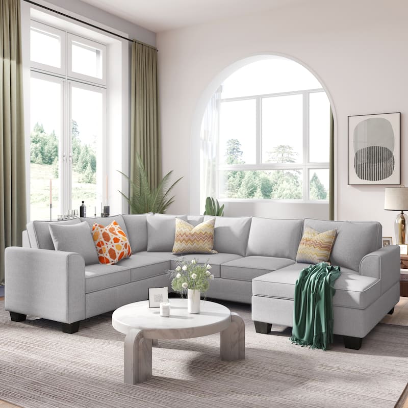 110*86" Sectional Sofa Upholstered Modern English Arm Classic U-shaped Sofa 3 Pillows Included - Light Grey