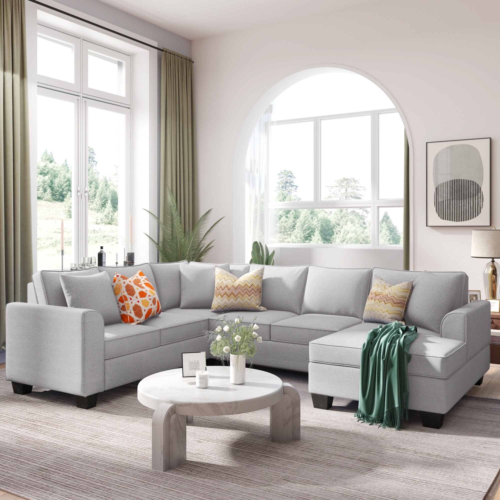 Classic U shaped Sectional Sofa Upholstered Modern English Arm Sofa with 3 Pillows