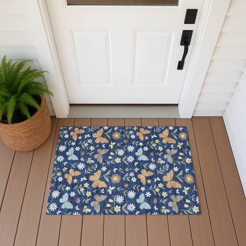 Machine Washable Indoor/ Outdoor Whimsy Butterfly Chantille Rug - Navy - 1'8" x 2'6"