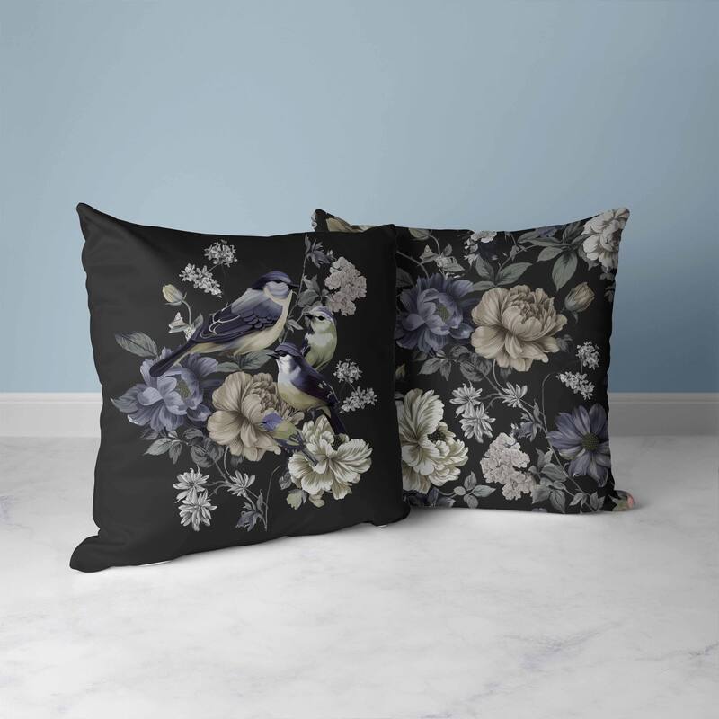 Petal Perched Birds Faux Suede Reversible Throw Pillow Black and Grey